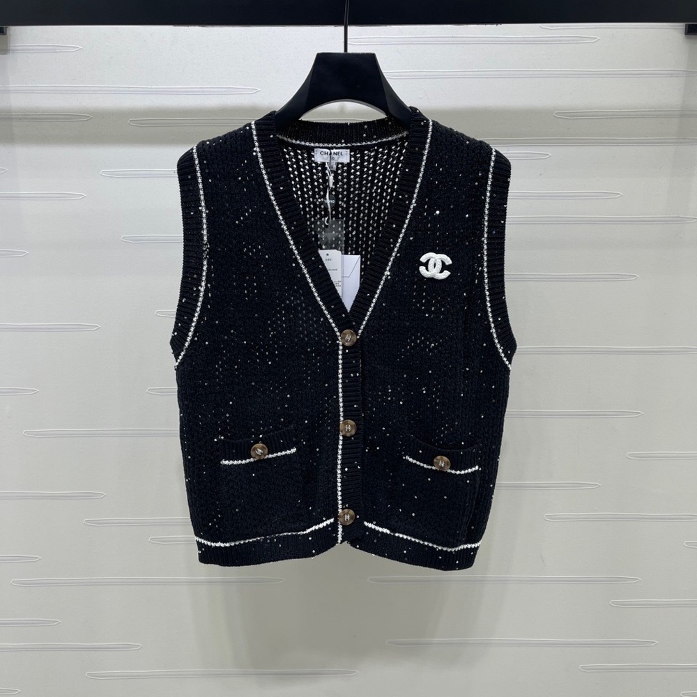 CHANEL Black Tweed Knit Cardigan Vest with White Trim